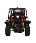 Rear view of Red Off Road Go Kart With 8.3 kW 4 Stroke Air Cooled Engine, CVT Transmission, spare tire mounted, suspension visible