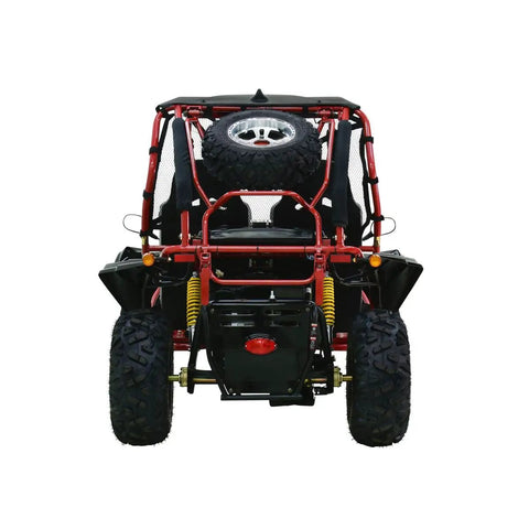 Rear view of Red Off Road Go Kart With 8.3 kW 4 Stroke Air Cooled Engine, CVT Transmission, spare tire mounted, suspension visible