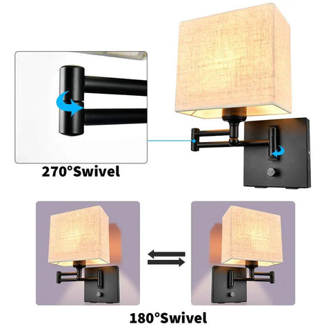 Plug In Wall Sconce With 2 USB Ports, Dimmable Swing Arm, 7 Inch Fabric Linen Shade, 59 Inch Cord shown with swivel angles