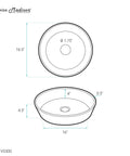 Diagram of Avallon 16.5 Inch Round Glass Vessel Sink in Black with measurements and 1.75 inch drain opening for above counter install.