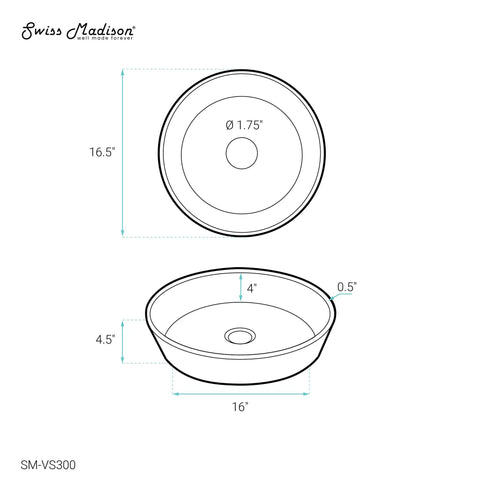 Diagram of Avallon 16.5 Inch Round Glass Vessel Sink in Black with measurements and 1.75 inch drain opening for above counter install.