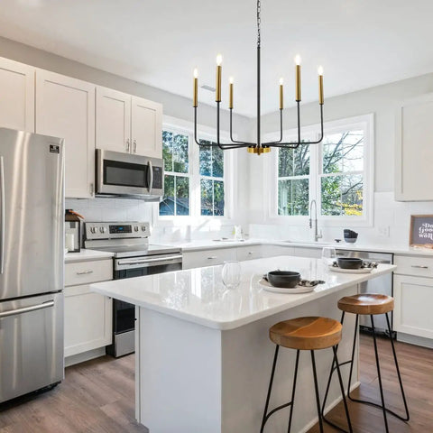 Black And Gold Modern Farmhouse 6 Light Chandelier With Rustic Industrial Metal Design For Dining Room Living Room Entryway and Kitchen showcasing height adjustable ceiling fixture in a white kitchen.