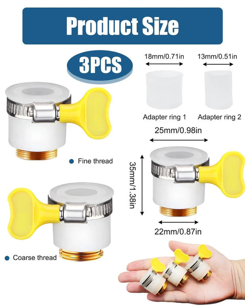 Three Piece Faucet Adapter Kit Universal Sink Hose Adapters With Two Fine Thread And One Coarse Thread For Portable Washer Garden Hose Water Filter Outer 15 To 24 Millimeter Silver No Fuss Setup shown with sizes and adapter rings