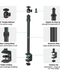 Diagram of Desktop Camera Mount Stand 15 To 35 Inches, with features like rotatable ballhead, adapter for ring light, rubber padding.