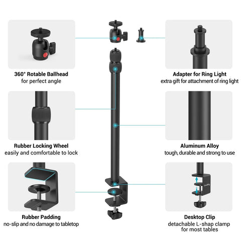 Diagram of Desktop Camera Mount Stand 15 To 35 Inches, with features like rotatable ballhead, adapter for ring light, rubber padding.