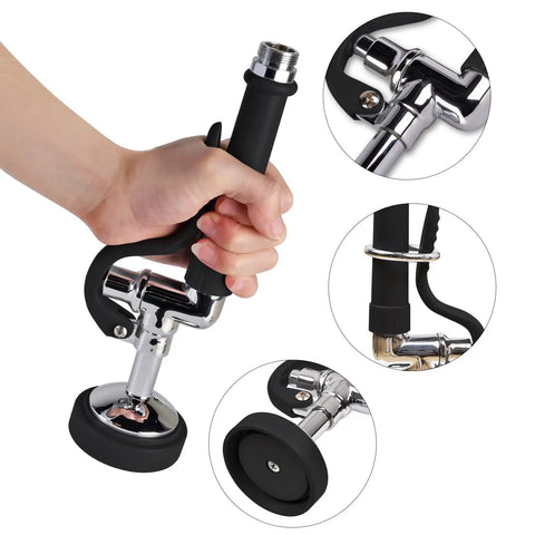 Hand holding Commercial Sink Sprayer With Handle Grip Assembly, 1.42 GPM High Pressure Pre Rinse Valve Replacement Kit, polished chrome
