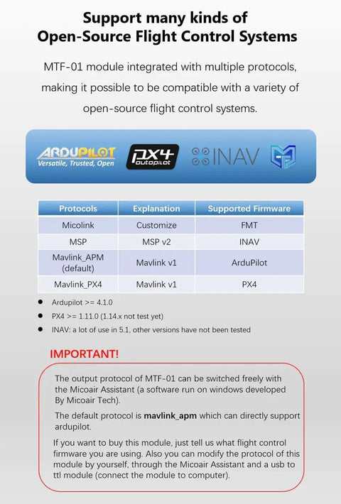 Protocols and compatibility information for Optical Flow and Lidar Sensor MTF-01 for ArduPilot PX4 INAV Flight Control Systems.