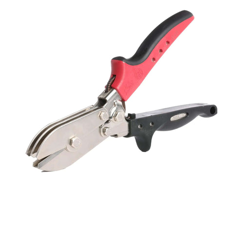 Five Blade Downspout Crimper Tool For Aluminum And Steel Delivers A One And A Quarter Inch Double Crimp, metal tool with red handle.