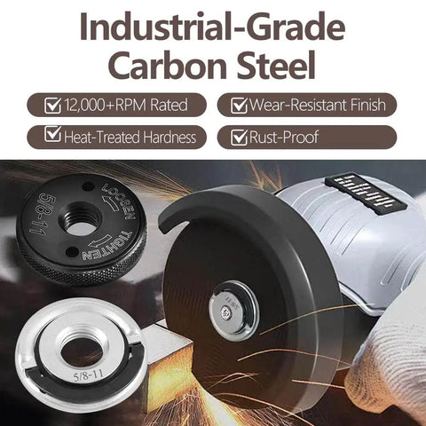 Industrial-grade carbon steel angle grinder setup showing Two-Pack 5/8-11 Angle Grinder Flange Nuts Set With Tool Free Quick Release Locking Kit Silver D Ring Knurled Arbor Nuts And Black Self Locking Flange Nuts For 4-1/2 Inch, 5 Inch, 7 Inch, 9 Inch Grinders