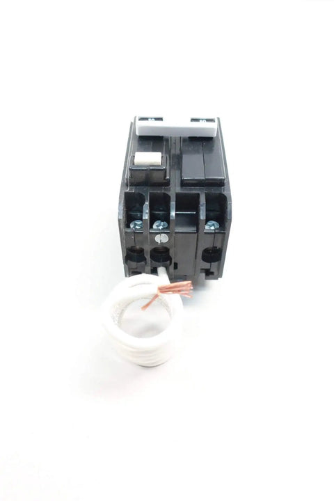QBGFT2050 Two Pole 50 Amp Miniature Circuit Breaker 120/240V AC for home panels, front view with coiled wire