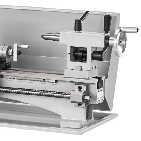 Close-up of Compact 7X16 Inch Mini Metal Lathe Machine With 800W Brushless Motor, showcasing precise controls and drive mechanism.