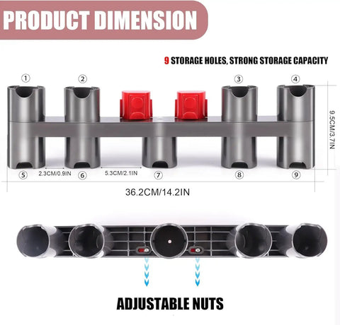 Wall Mount Accessory Holder For Dyson V7 V8 V10 V11 Vacuum Cleaners Docking Station Organizer with 9 slots, adjustable nuts, dimensions