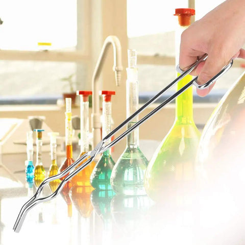 Top Tier Heavy Duty Stainless Steel Crucible Tongs With Non Slip Paws And Rock Solid Beaker Clamps For Zero Sweat High Heat Chemistry Lab Tasks Daily Featuring Aircraft Class Rivet Construction holding hot lab glassware.