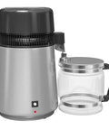 Top Shelf Countertop Water Distiller Full One Gallon Capacity Solid Stainless Steel Build With Glass Pitcher on a countertop.