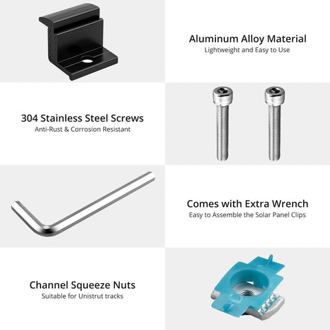 10 Pack Adjustable Solar Panel End Clamps For Unistrut Channels Featuring 30 To 50mm Aluminum Mounts And Rustproof Fasteners with screws and accessories.