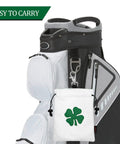 Leather Golf Valuables Pouch With Drawstrings attached to a stylish golf bag, featuring a four-leaf clover design on white PU leather.