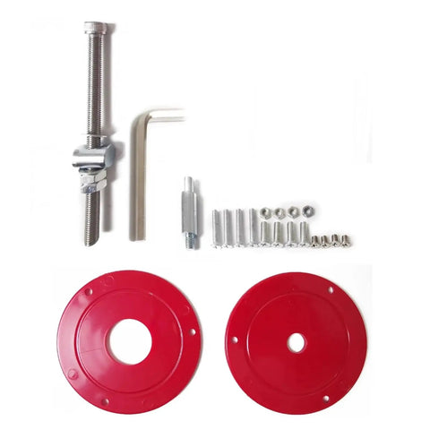 Heavy Duty Aluminum Router Table Insert Plate Woodworking Trimmer with red bushings and fittings for universal mount and alignment.