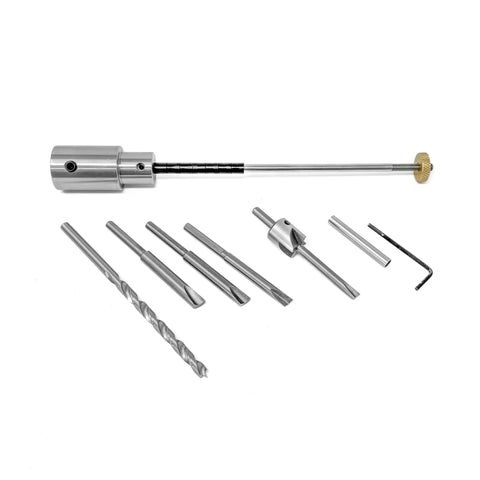 Top Shelf Pen Turning Mandrel And Deluxe Barrel Trimmer Kit Built For Shopsmith Machines with various steel tools and a hex key.