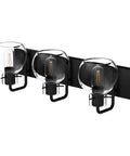 Three Light Matte Black Farmhouse Vanity Lighting Fixture With Clear Glass Globes For Bathroom Bath Lighting Industrial Chic Style