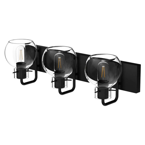 Three Light Matte Black Farmhouse Vanity Lighting Fixture With Clear Glass Globes For Bathroom Bath Lighting Industrial Chic Style