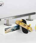 32mm Wood Fingerboard With Bearing Wheels And 10 Inch Metal Flat Rail Ready To Ride Finger Skateboard Set displayed on stand
