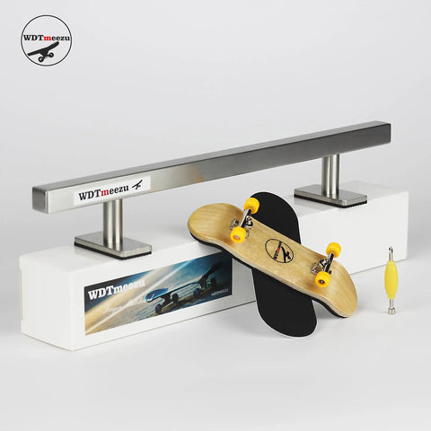 32mm Wood Fingerboard With Bearing Wheels And 10 Inch Metal Flat Rail Ready To Ride Finger Skateboard Set displayed on stand