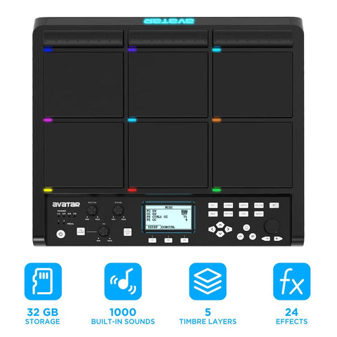 Gig Ready Sample Pad For Drummers With 1000 Built In Sounds And 32GB Storage, shown with customizable LEDs and control panel.