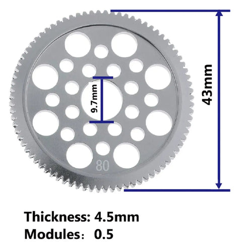 Beefed Up Aluminum 48P Spur Gear 80T For 1 To 10 RC Drift Cars 7075 Alloy Upgrade showcasing dimensions and hole pattern