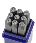 Heavy Duty Metal Stamp Set 5/32 Inch And 4mm Digits 0 To 9 in blue case, sandblasted finish, for wood, leather, and steel crafts
