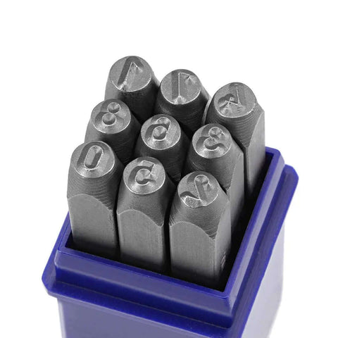 Heavy Duty Metal Stamp Set 5/32 Inch And 4mm Digits 0 To 9 in blue case, sandblasted finish, for wood, leather, and steel crafts