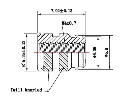 Detailed technical drawing of 100 Pack Of M4 0.7 Long Threaded Heat Set Inserts For 3D Printing Brass Fasteners, showing dimensions.