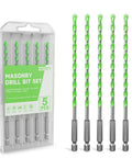 Masonry drill bit set, 5-pack, 3/16 in carbide-tipped with green tips and hex shanks in a clear case (METOTY)