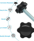Close-up of 10 Pack 1/4-20 Inch Thread Knob Screws with Plastic Star Nut for clamping, black metal and plastic, corrosion resistant.