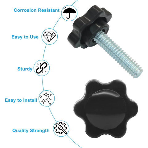 Close-up of 10 Pack 1/4-20 Inch Thread Knob Screws with Plastic Star Nut for clamping, black metal and plastic, corrosion resistant.