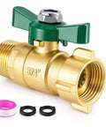 Full Flow Garden Hose Shut Off Valve Heavy Duty 3/4 Inch Brass Ball Valve With 360 Degree Swivel Joint and accessories shown