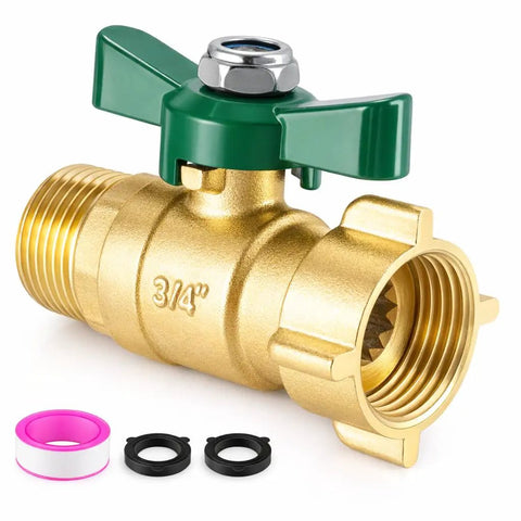 Full Flow Garden Hose Shut Off Valve Heavy Duty 3/4 Inch Brass Ball Valve With 360 Degree Swivel Joint and accessories shown