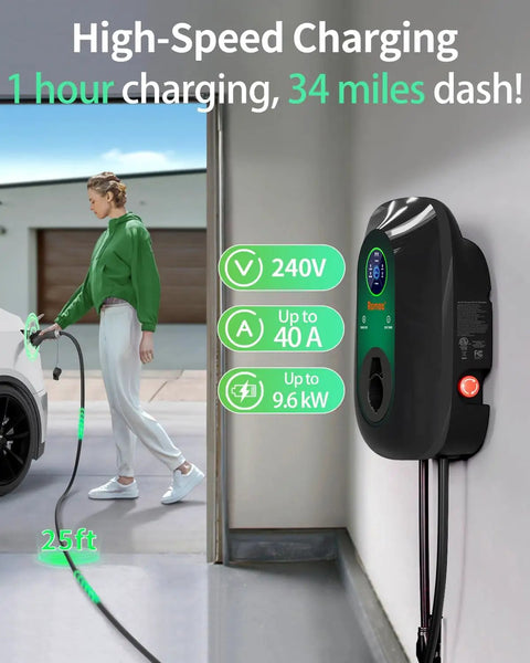 Rock Solid Level 2 EV Charger 40 Amp Wall Mounted J1772 Station With Nema 14-50 Adapter 9.6Kw Smart Schedule Charging Universal Electric Vehicle Road Ready setup with a cable.