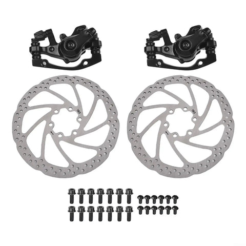 Smooth Mechanical Disc Brake Calipers Metal Pads For Ebike And Folding Bikes Featuring 180mm Front And 160mm Rear Rotors with mounting screws.