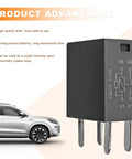 Heavy Duty Four Pin Car AC Relay Kit With Fast Plug In Terminals Twelve Volt Forty Amp Rating next to a vehicle, showcasing the relay's metal pins.