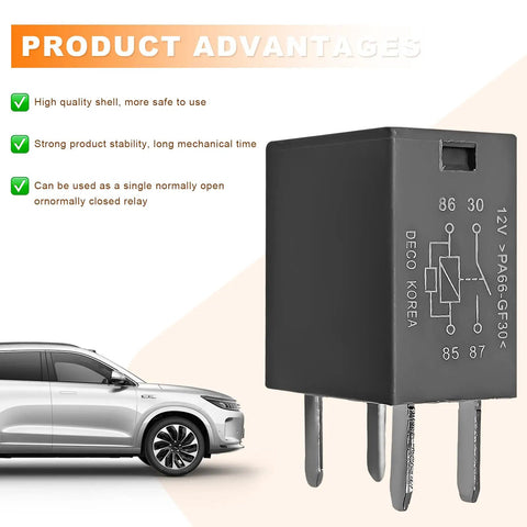 Heavy Duty Four Pin Car AC Relay Kit With Fast Plug In Terminals Twelve Volt Forty Amp Rating next to a vehicle, showcasing the relay's metal pins.