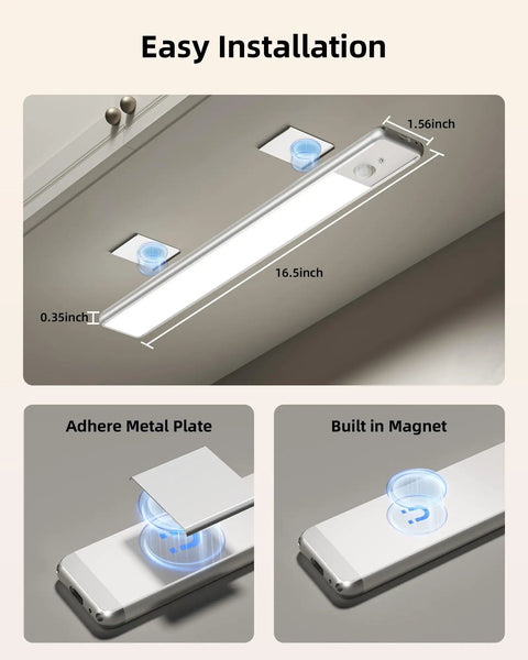 Easy installation of 11.8 Inch Under Cabinet Lighting Kit With 3 Color Temperatures Rechargeable Motion Sensor LED Magnetic Lights