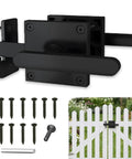 Rock Solid Heavy Duty Double Sided Gate Latch With Handles Black Aluminum Fence Lock installation kit and components on wood gate.