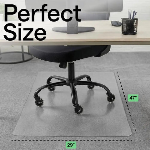 Slip Resistant Clear Office Chair Mat For Carpet Floors With Smooth Rolling Glide Under Desk Heavy Duty Plastic Computer Mat And Carpeted Floor Protector For Work And Gaming Chairs 29x47 shown under a desk with chair on mat.