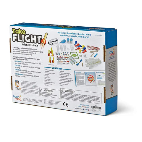 Back of Take Flight Science Lab Kit For Kids Ages 5 To 7 18 Hands-On STEM Activities, showing contents and experiments