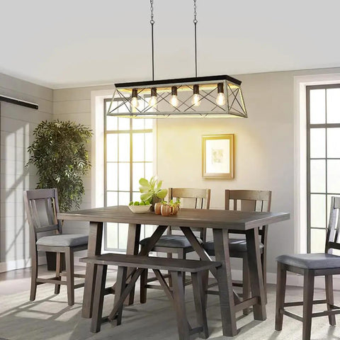 Five Light Industrial Kitchen Island Pendant Light Fixture With Oak White Frame Farmhouse Metal Chandelier hanging over dining table