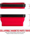 Red Collapsible Magnetic Parts Tray Set Pack of 3 4.25 Inch Square Tool Trays for screws bolts nuts with non-marring rubber magnet.
