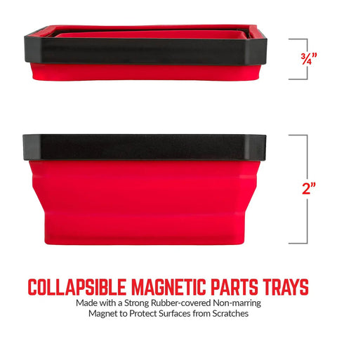 Red Collapsible Magnetic Parts Tray Set Pack of 3 4.25 Inch Square Tool Trays for screws bolts nuts with non-marring rubber magnet.