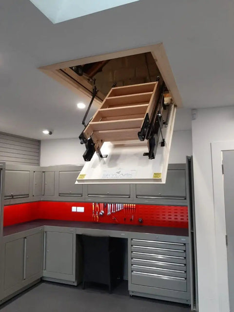 Top Shelf Electric Attic Pull Down Stairs With Wireless Remote Fits Ceilings 7Ft 8In To 9Ft 6In Beech Hardwood Tread heavy lifting.