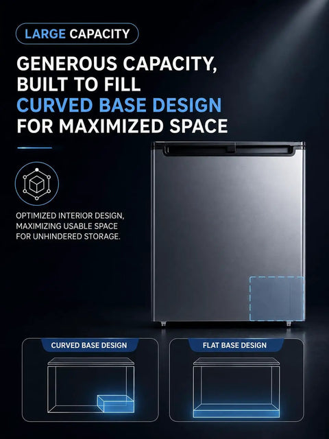 7.0 Cu Ft Compact Chest Freezer Energy Efficient Low Noise Cold Storage With Slick Rolling Basket Freestanding food preserver showing curved base design for space maximization.