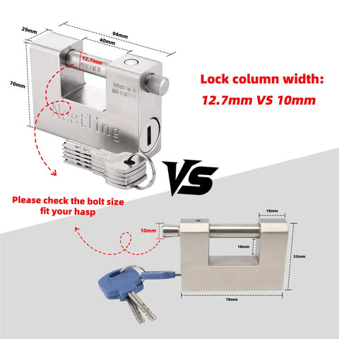Two styles of Durable 94mm Padlock With Key For Outdoor Security, showing size comparisons and measurements with blue key set.
